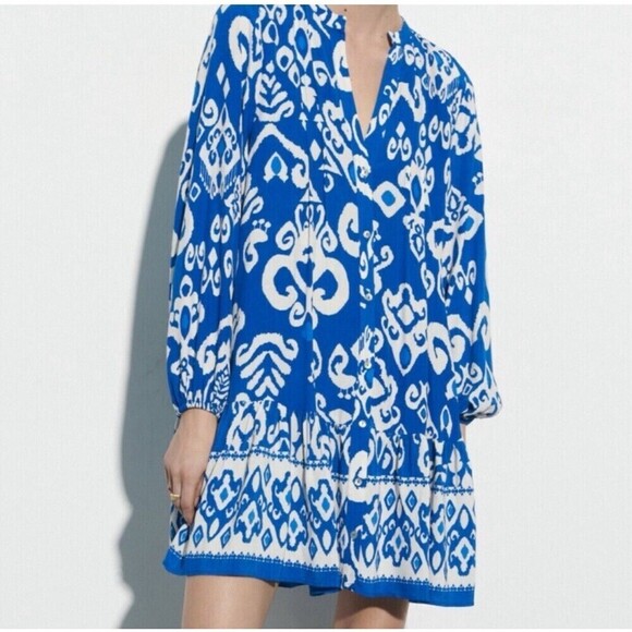 ZARA Blue Print Mini Dress Button Oversized Ruffle Peplum Pintuck Womens Large - Picture 11 of 12